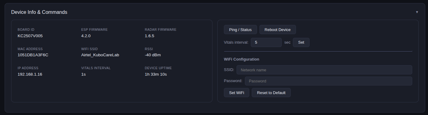Device control section showing ping, reboot, WiFi config, and interval settings