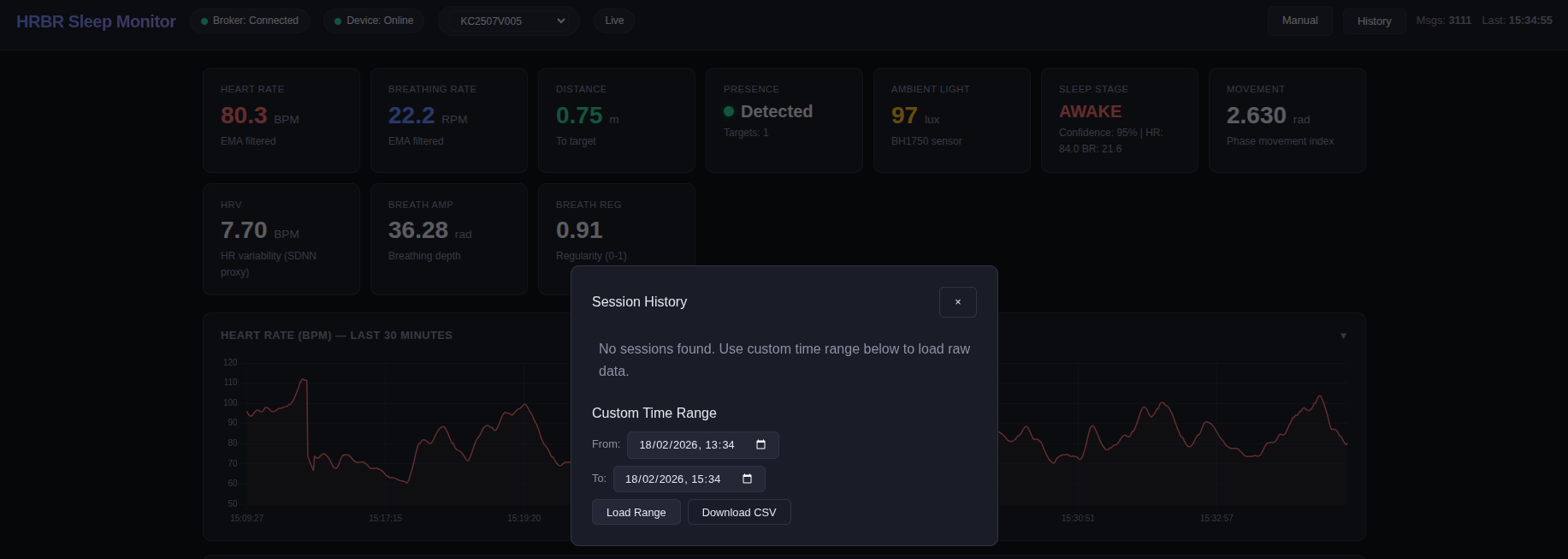 History modal showing session list and custom time range picker